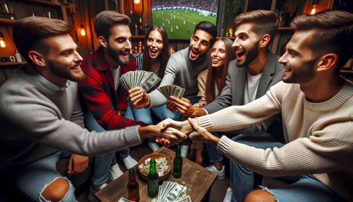Amigos apostando alrededor de una mesa