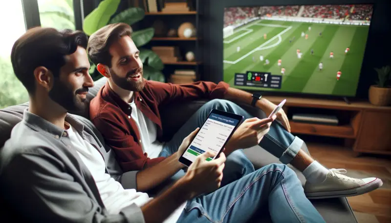 Dos personas apostando durante un partido de fútbol en la televisión