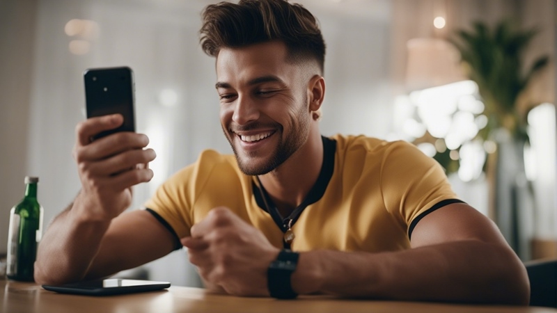 Un joven apostador sosteniendo su app de apuestas deportivas