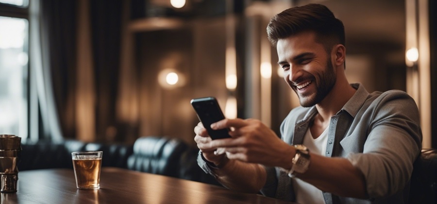 Un apostador sentado mirando su teléfono y con aspecto feliz