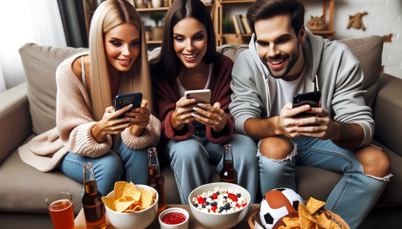 Amigos buscando una buena estrategia para apostar con su móvil