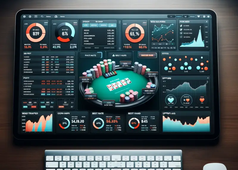 Pantalla con mesa de póker en línea rodeada de estadísticas