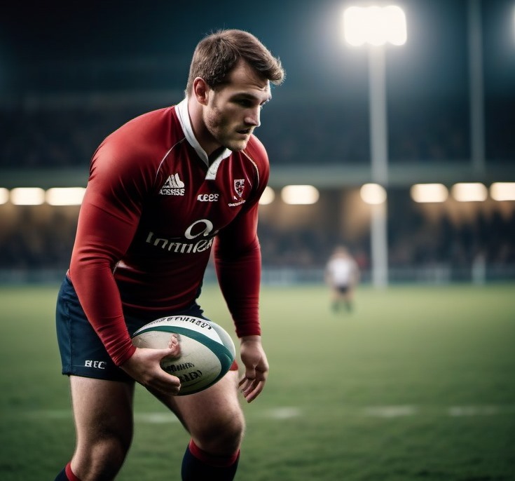 Un jugador de rugby en un campo, sosteniendo una pelota